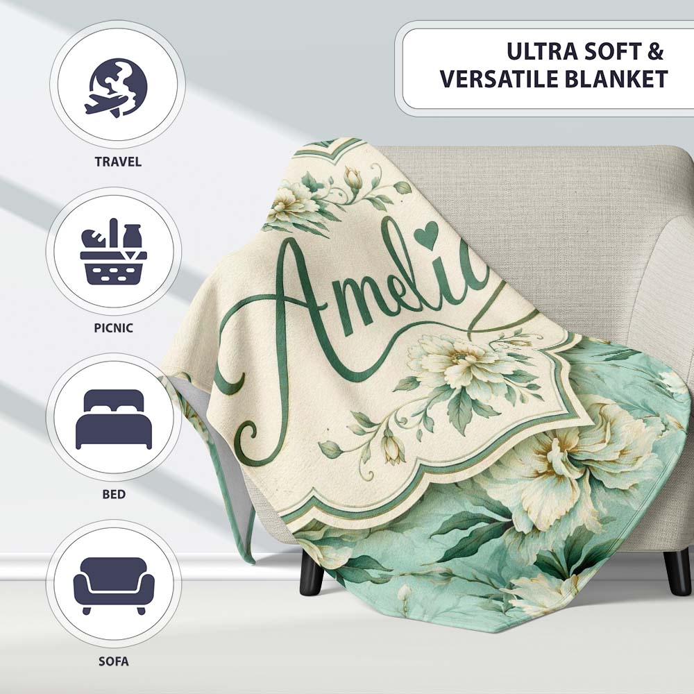 Elegant Cream Floral Bouquet on Soft Sage Green Seamless Pattern  Personalised Custom Name Super Soft Fleece Blanket Bed Sofa Throw