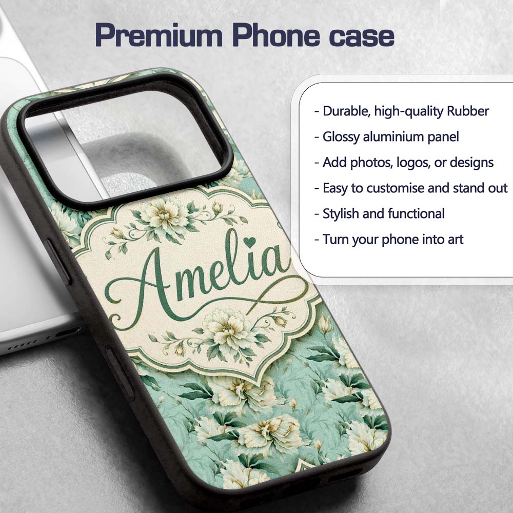 Elegant Cream Floral Bouquet on Soft Sage Green Custom Name Protective Phone Case Mobile Cover Durable Everyday Smartphone Shock Resistant