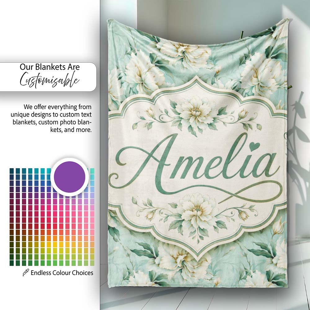 Elegant Cream Floral Bouquet on Soft Sage Green Seamless Pattern  Personalised Custom Name Super Soft Fleece Blanket Bed Sofa Throw