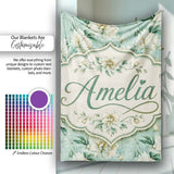 Elegant Cream Floral Bouquet on Soft Sage Green Seamless Pattern  Personalised Custom Name Super Soft Fleece Blanket Bed Sofa Throw