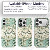 Elegant Cream Floral Bouquet on Soft Sage Green Custom Name Protective Phone Case Mobile Cover Durable Everyday Smartphone Shock Resistant