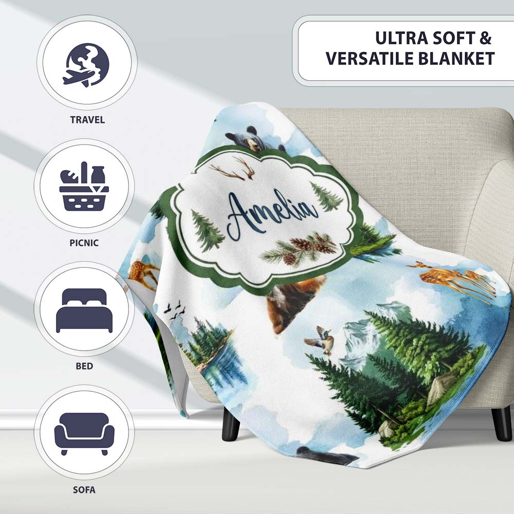 Woodland Animals Forest Watercolor Pattern Cute Unique Gift Lovely  Personalised Custom Name Super Soft Fleece Blanket Bed Sofa Throw
