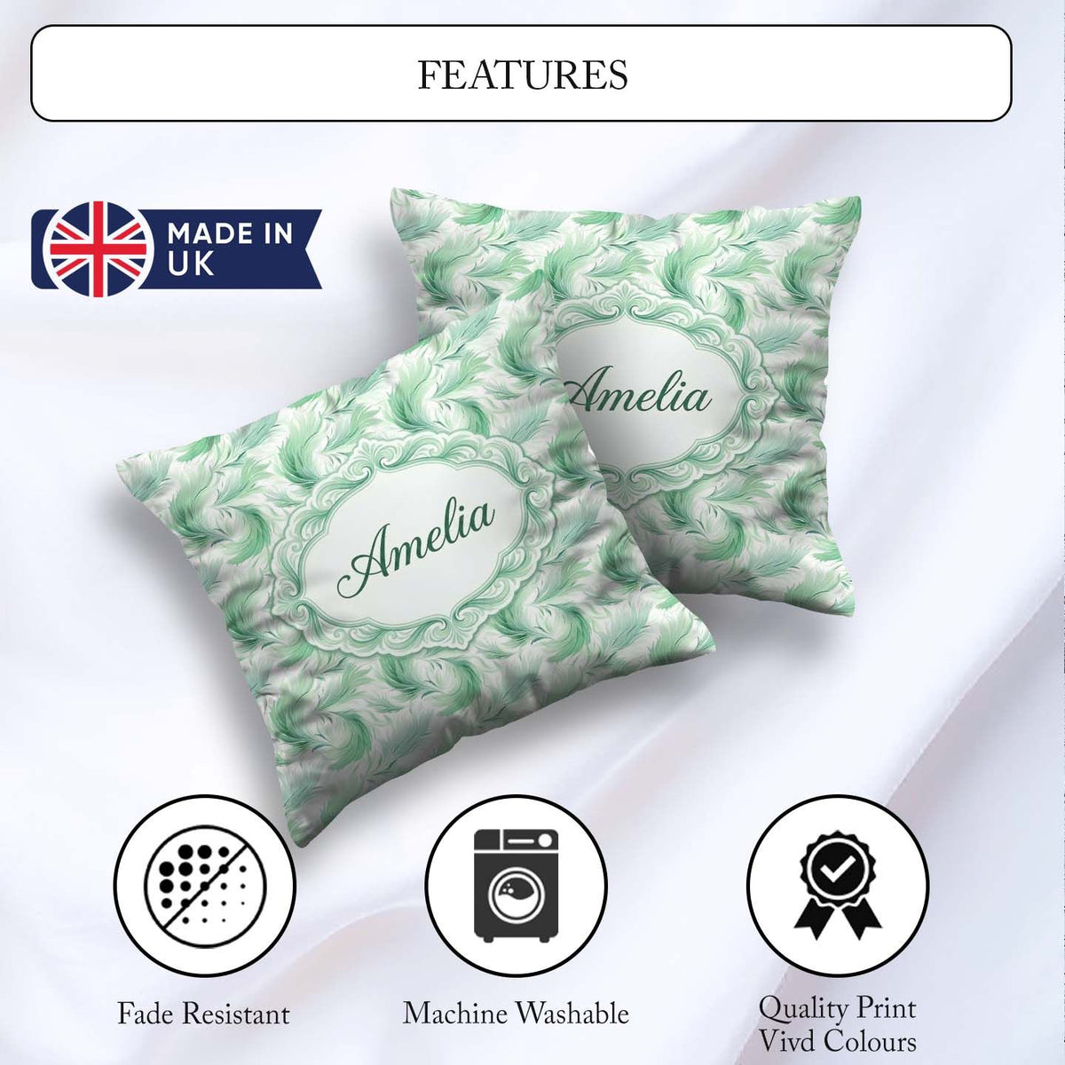Custom Name Abstract Mint Green Flowing Feather Seamless Pattern Square Filled Cushion Throw Pillow Sofa Bed Home Decor Zip Washable UK Made