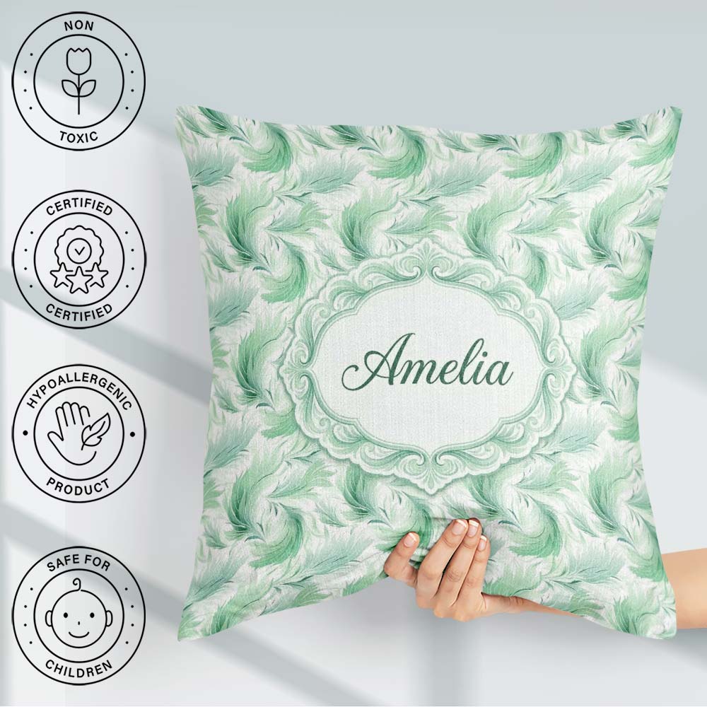 Custom Name Abstract Mint Green Flowing Feather Seamless Pattern Square Filled Cushion Throw Pillow Sofa Bed Home Decor Zip Washable UK Made