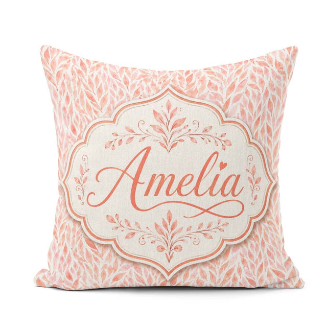 Custom Name Soft Coral Leaf Botanical Texture Seamless Pattern Square Filled Cushion Throw Pillow Sofa Bed Home Decor Zip Washable UK Made