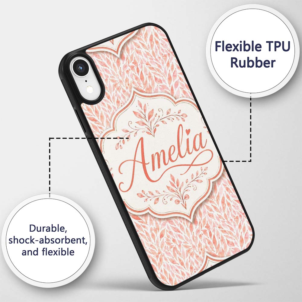 Soft Coral Leaf Botanical Texture Printed Design Custom Name Protective Phone Case Mobile Cover Durable Everyday Smartphone Shock Resistant