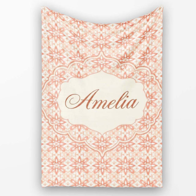 Peach Floral Geometric Tile Seamless Pattern Stylish Everyday   Personalised Custom Name Super Soft Fleece Blanket Bed Sofa Throw