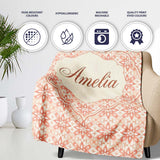 Peach Floral Geometric Tile Seamless Pattern Stylish Everyday   Personalised Custom Name Super Soft Fleece Blanket Bed Sofa Throw