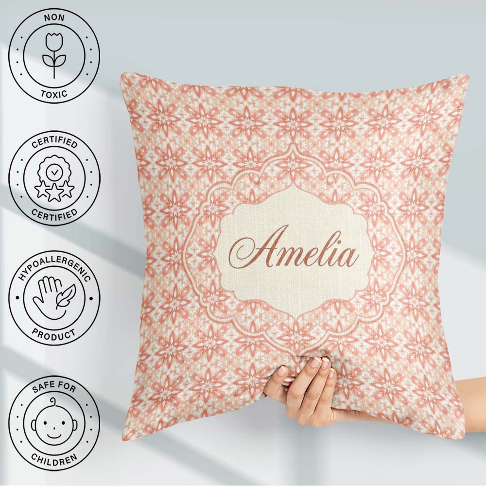 Custom Name Peach Floral Geometric Tile Seamless Pattern Stylish Square Filled Cushion Throw Pillow Sofa Bed Home Decor Zip Washable UK Made