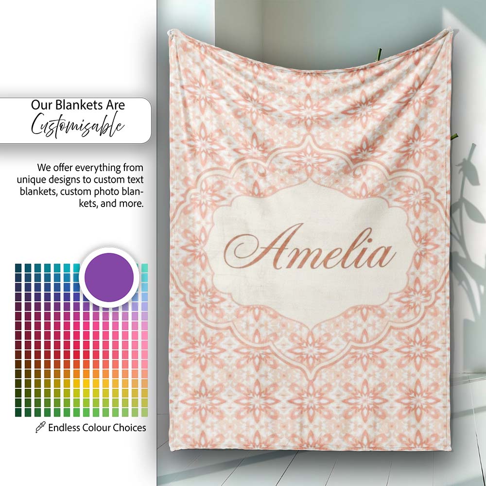 Peach Floral Geometric Tile Seamless Pattern Stylish Everyday   Personalised Custom Name Super Soft Fleece Blanket Bed Sofa Throw