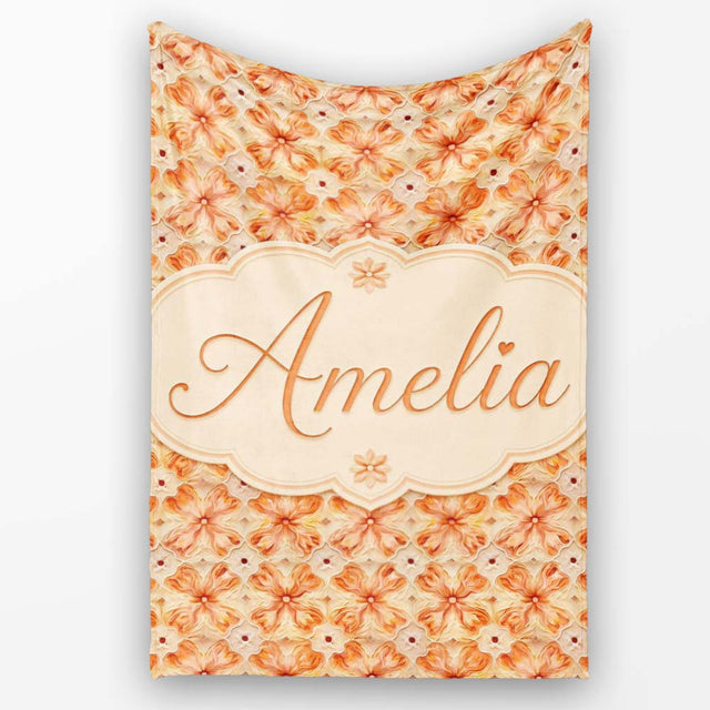 Warm Orange Floral Mosaic Ornamental Seamless Pattern Lovely  Personalised Custom Name Super Soft Fleece Blanket Bed Sofa Throw