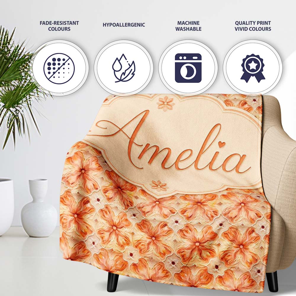 Warm Orange Floral Mosaic Ornamental Seamless Pattern Lovely  Personalised Custom Name Super Soft Fleece Blanket Bed Sofa Throw