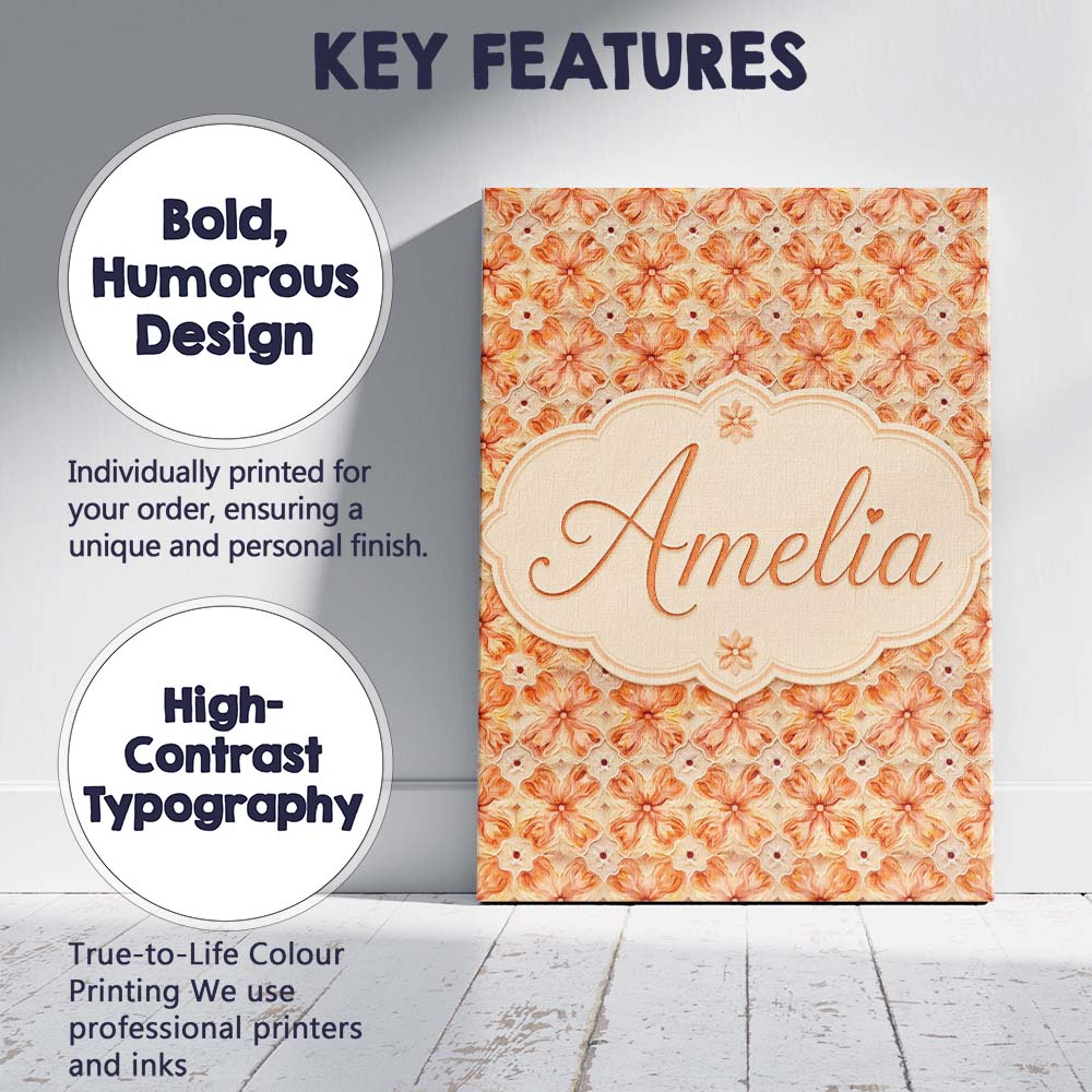 Personalised Name Warm Orange Floral Mosaic Custom  Bespoke Interior Contemporary Canvas Wall Art Print Decor Picture Ready to Hang