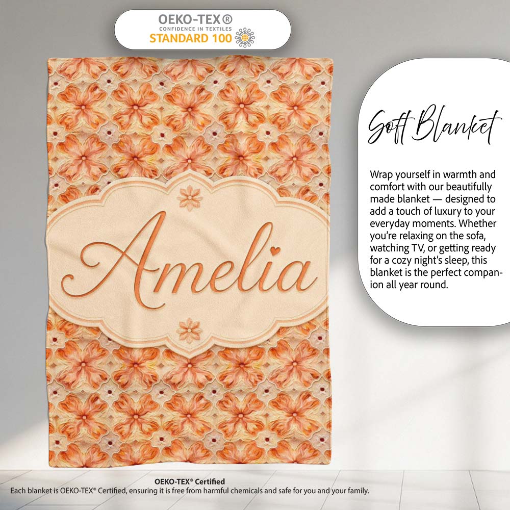 Warm Orange Floral Mosaic Ornamental Seamless Pattern Lovely  Personalised Custom Name Super Soft Fleece Blanket Bed Sofa Throw