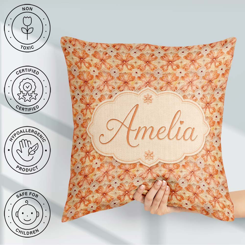 Custom Name Warm Orange Floral Mosaic Ornamental Seamless Lovely Square Filled Cushion Throw Pillow Sofa Bed Home Decor Zip Washable UK Made