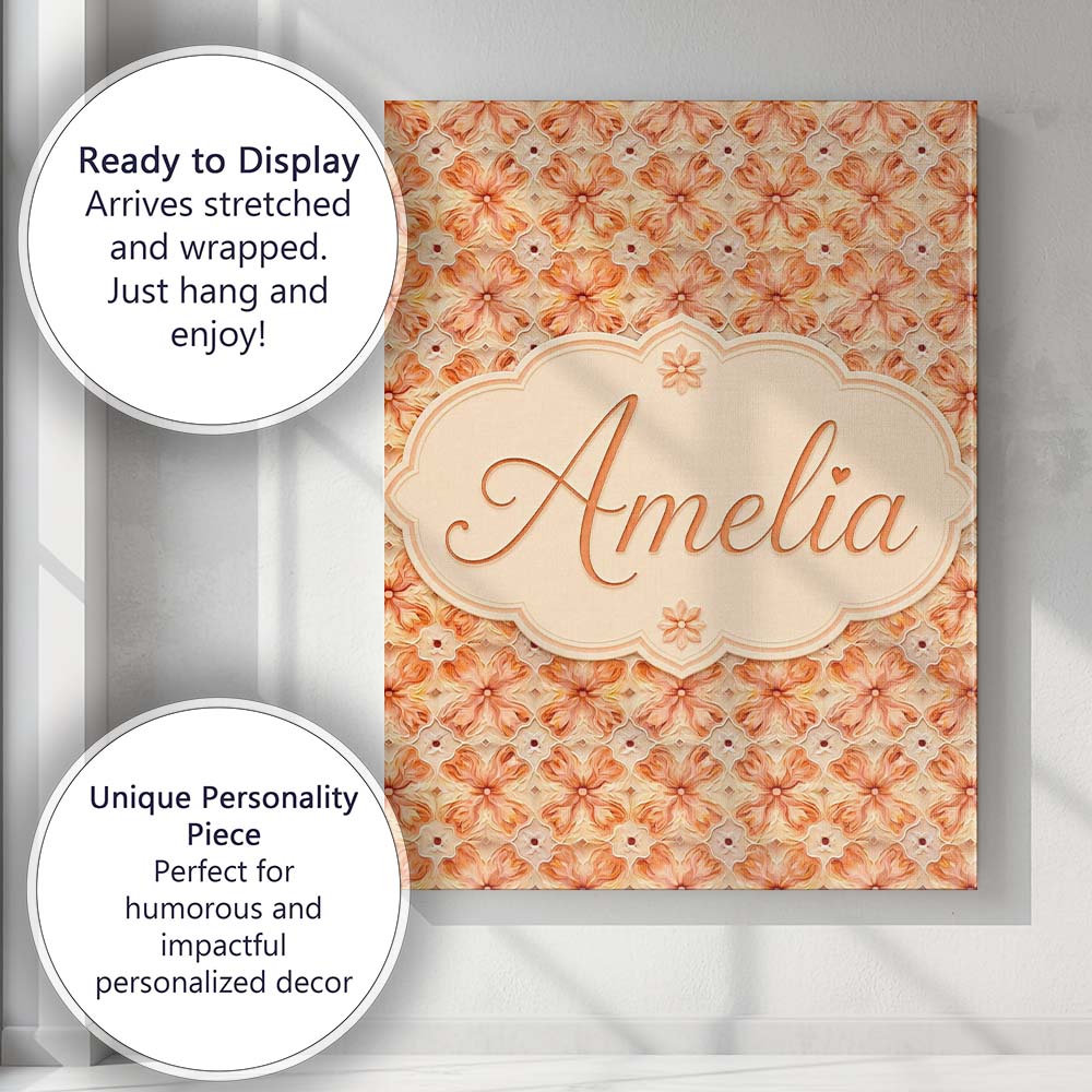 Personalised Name Warm Orange Floral Mosaic Custom  Bespoke Interior Contemporary Canvas Wall Art Print Decor Picture Ready to Hang