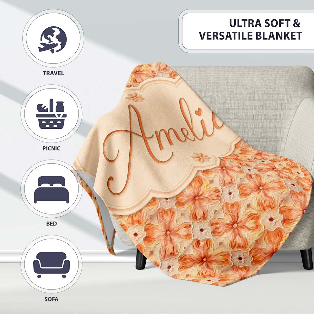 Warm Orange Floral Mosaic Ornamental Seamless Pattern Lovely  Personalised Custom Name Super Soft Fleece Blanket Bed Sofa Throw