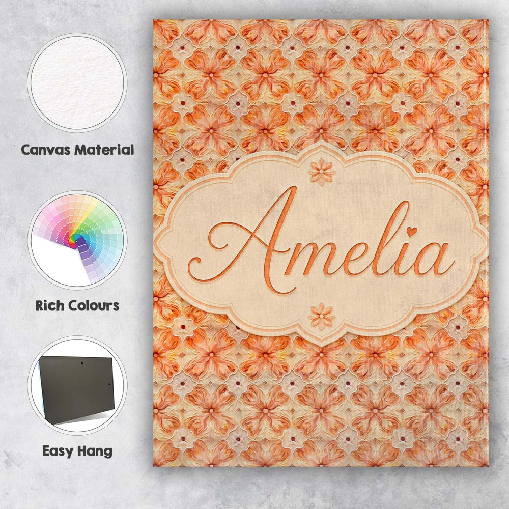 Personalised Name Warm Orange Floral Mosaic Custom  Bespoke Interior Contemporary Canvas Wall Art Print Decor Picture Ready to Hang