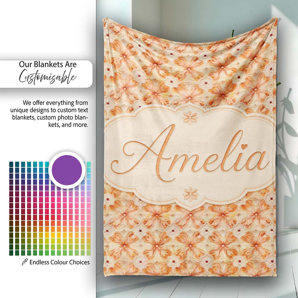 Warm Orange Floral Mosaic Ornamental Seamless Pattern Lovely  Personalised Custom Name Super Soft Fleece Blanket Bed Sofa Throw