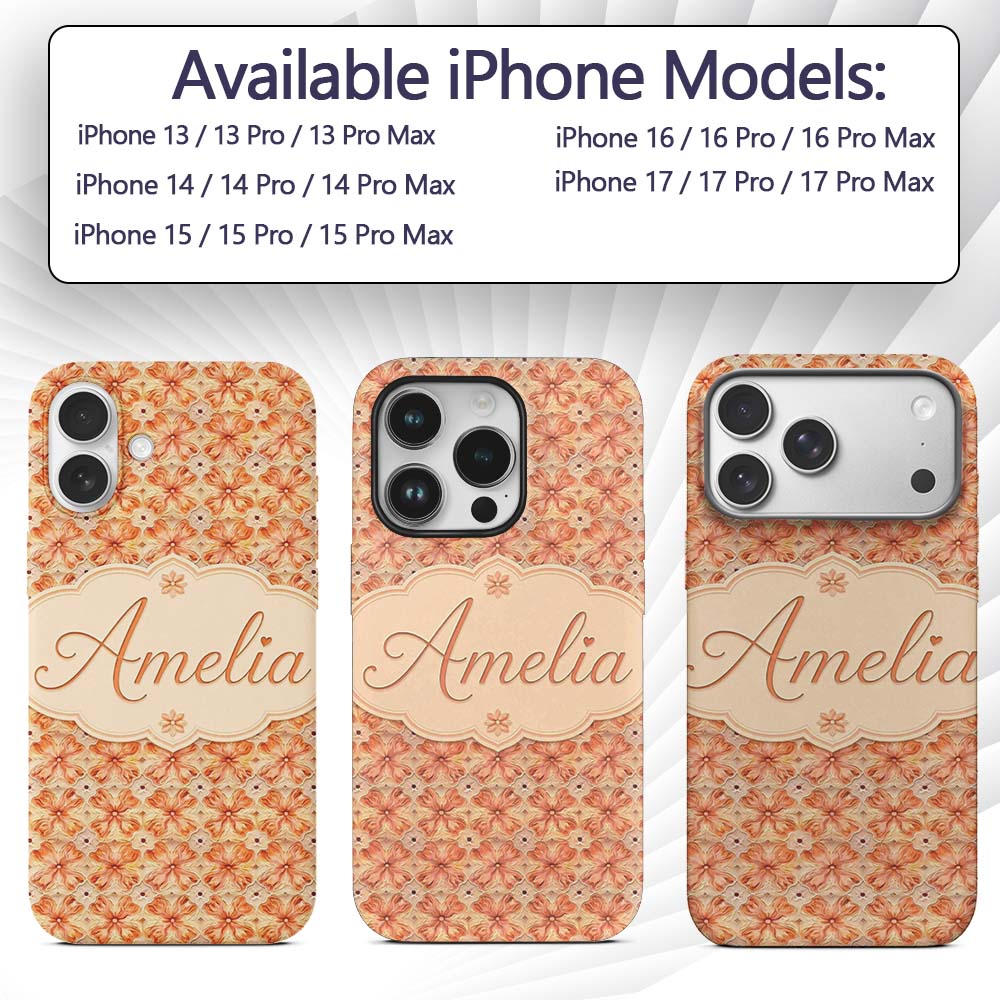 Warm Orange Floral Mosaic Ornamental Seamless Custom Name Protective Phone Case Mobile Cover Durable Everyday Smartphone Shock Resistant