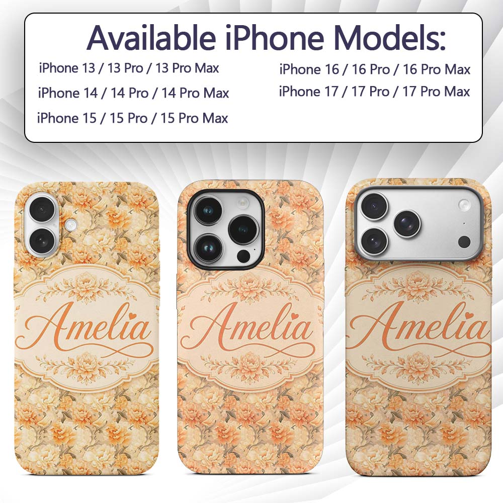 Vintage Peach and Cream Peony Floral Seamless Custom Name Protective Phone Case Mobile Cover Durable Everyday Smartphone Shock Resistant