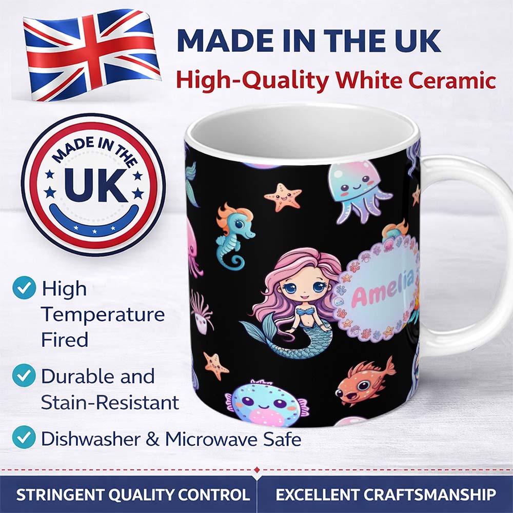 Personalized Custom Name Cute Kawaii Mermaid Seahorse Jellyfish and Starfish on Black Lovely 11oz Ceramic Coffee Tea Mug White Large Handle