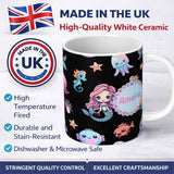 Personalized Custom Name Cute Kawaii Mermaid Seahorse Jellyfish and Starfish on Black Lovely 11oz Ceramic Coffee Tea Mug White Large Handle
