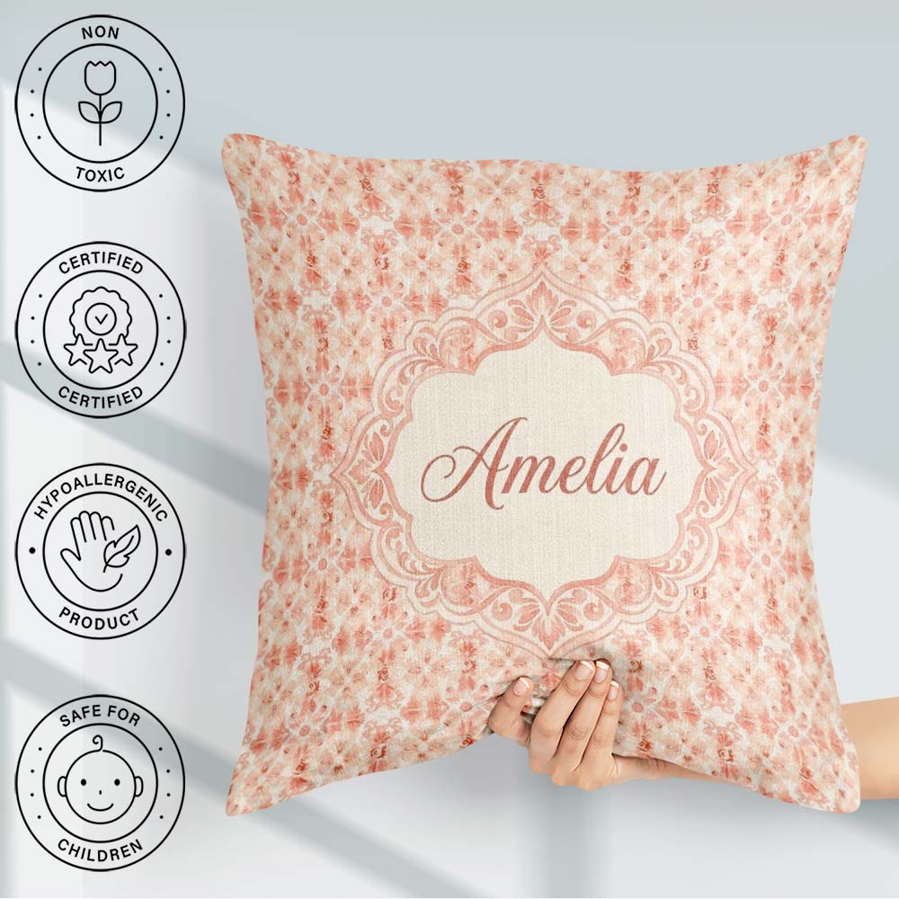 Custom Name Soft Coral Decorative Damask Floral Seamless Pattern Square Filled Cushion Throw Pillow Sofa Bed Home Decor Zip Washable UK Made