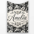 Classic Black and White Vintage Floral Scroll Seamless Pattern  Personalised Custom Name Super Soft Fleece Blanket Bed Sofa Throw
