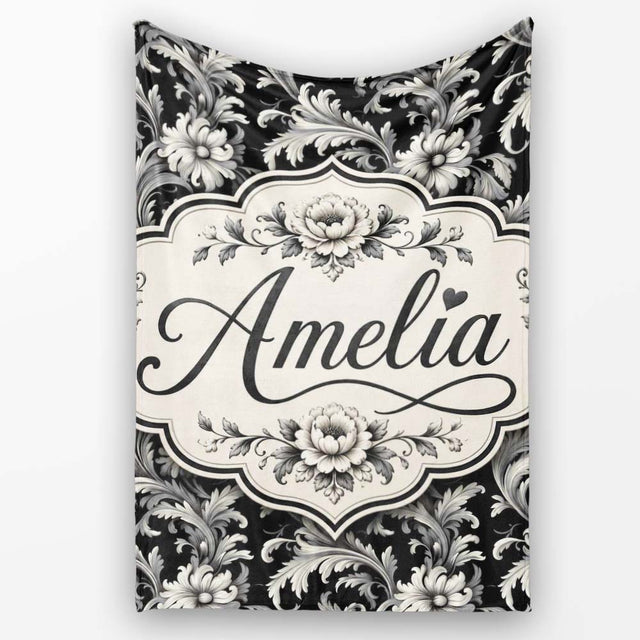 Classic Black and White Vintage Floral Scroll Seamless Pattern  Personalised Custom Name Super Soft Fleece Blanket Bed Sofa Throw