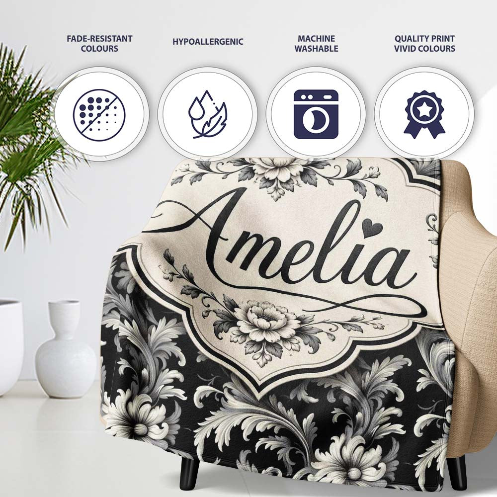 Classic Black and White Vintage Floral Scroll Seamless Pattern  Personalised Custom Name Super Soft Fleece Blanket Bed Sofa Throw