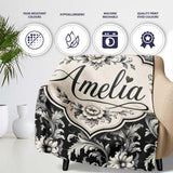Classic Black and White Vintage Floral Scroll Seamless Pattern  Personalised Custom Name Super Soft Fleece Blanket Bed Sofa Throw