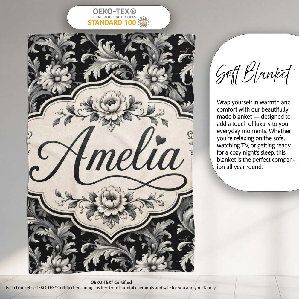 Classic Black and White Vintage Floral Scroll Seamless Pattern  Personalised Custom Name Super Soft Fleece Blanket Bed Sofa Throw