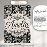 Classic Black and White Vintage Floral Scroll Seamless Pattern  Personalised Custom Name Super Soft Fleece Blanket Bed Sofa Throw