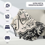 Classic Black and White Vintage Floral Scroll Seamless Pattern  Personalised Custom Name Super Soft Fleece Blanket Bed Sofa Throw