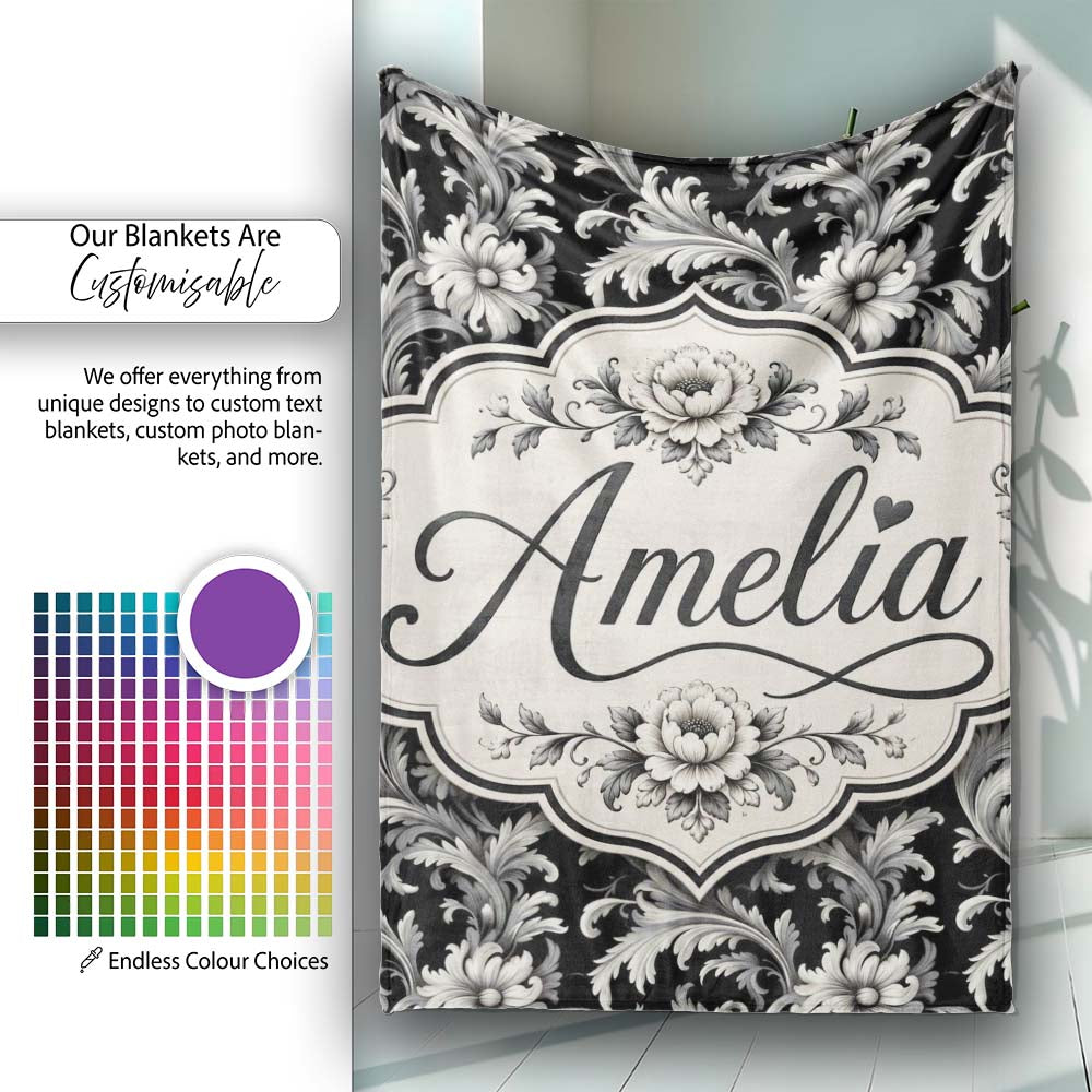 Classic Black and White Vintage Floral Scroll Seamless Pattern  Personalised Custom Name Super Soft Fleece Blanket Bed Sofa Throw