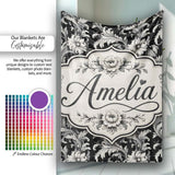Classic Black and White Vintage Floral Scroll Seamless Pattern  Personalised Custom Name Super Soft Fleece Blanket Bed Sofa Throw