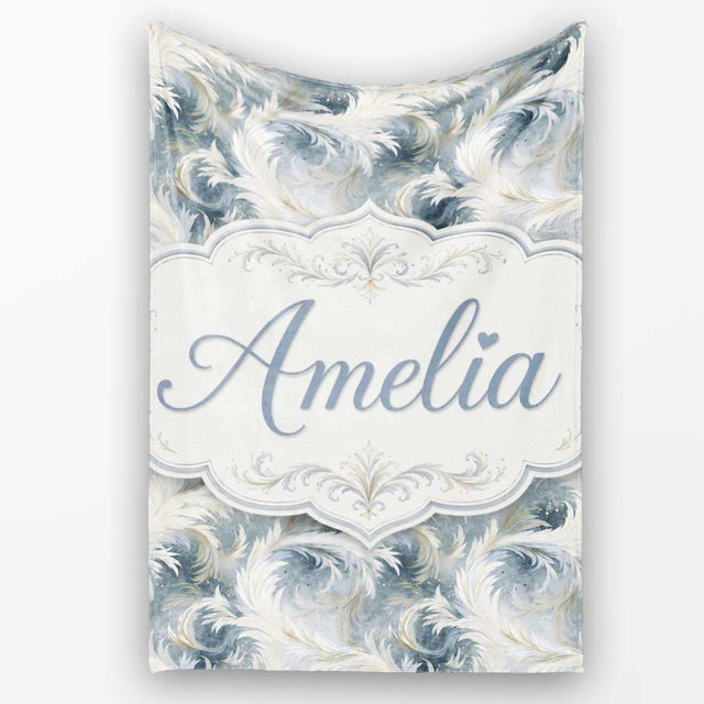 Soft Blue Grey Feather Swirl Abstract Seamless Pattern Lovely  Personalised Custom Name Super Soft Fleece Blanket Bed Sofa Throw