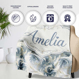 Soft Blue Grey Feather Swirl Abstract Seamless Pattern Lovely  Personalised Custom Name Super Soft Fleece Blanket Bed Sofa Throw