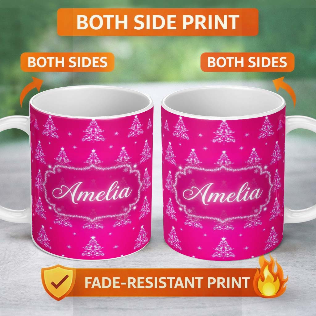 Personalized Custom Name Bright Pink Christmas Trees Star Glow Festive Seamless Pattern 11oz Ceramic Coffee Tea Mug White Large Handle