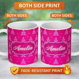 Personalized Custom Name Bright Pink Christmas Trees Star Glow Festive Seamless Pattern 11oz Ceramic Coffee Tea Mug White Large Handle