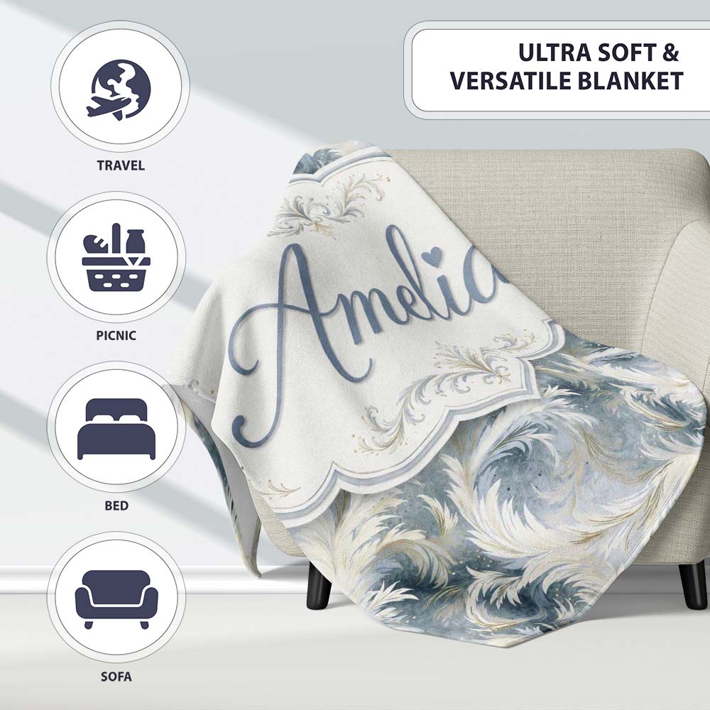 Soft Blue Grey Feather Swirl Abstract Seamless Pattern Lovely  Personalised Custom Name Super Soft Fleece Blanket Bed Sofa Throw