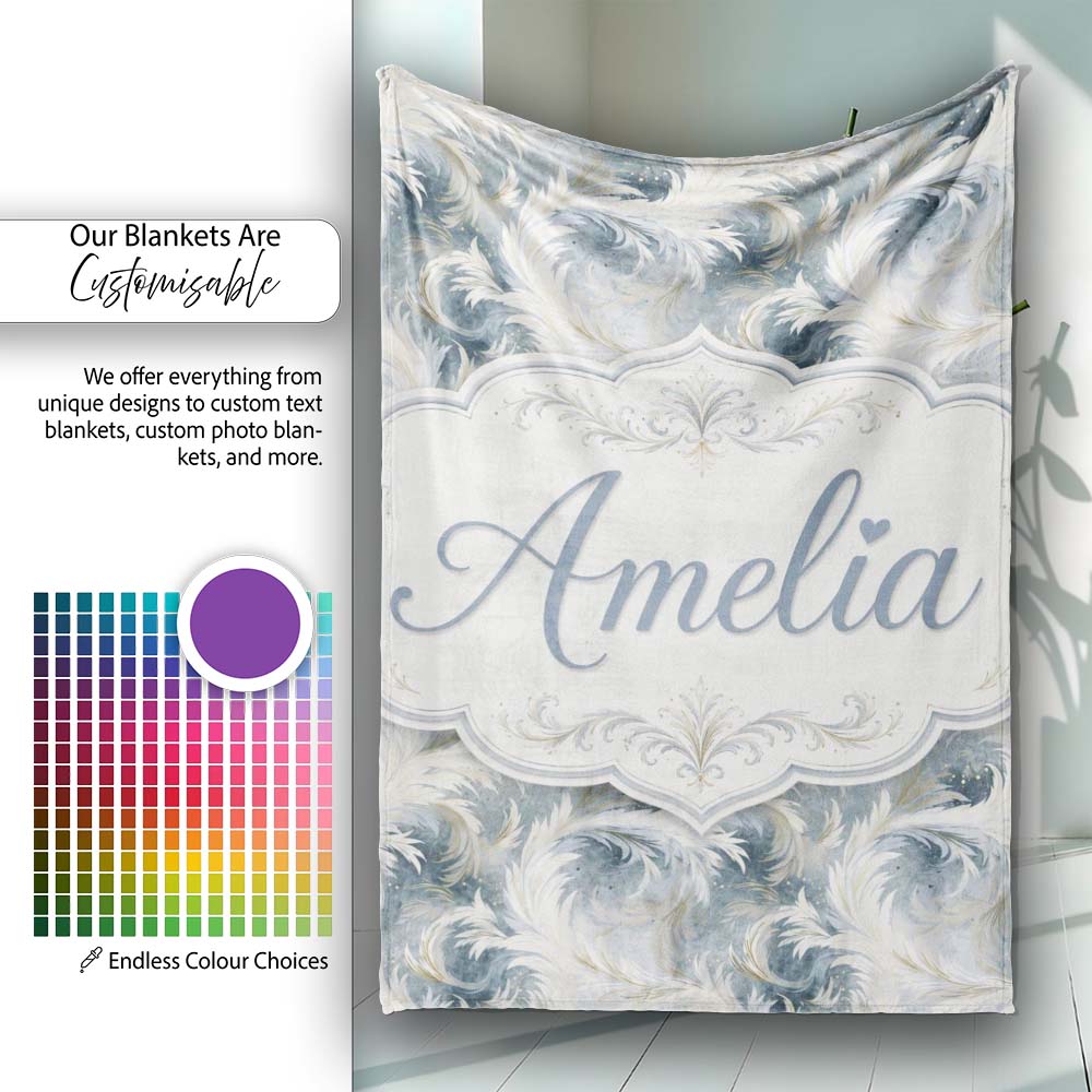Soft Blue Grey Feather Swirl Abstract Seamless Pattern Lovely  Personalised Custom Name Super Soft Fleece Blanket Bed Sofa Throw