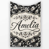 Luxury Black and Silver Floral Baroque Seamless Pattern Lovely  Personalised Custom Name Super Soft Fleece Blanket Bed Sofa Throw