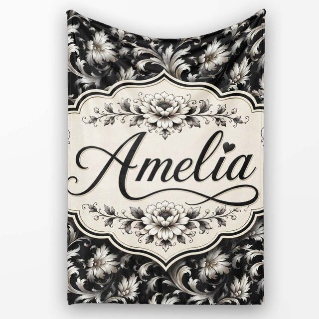 Luxury Black and Silver Floral Baroque Seamless Pattern Lovely  Personalised Custom Name Super Soft Fleece Blanket Bed Sofa Throw