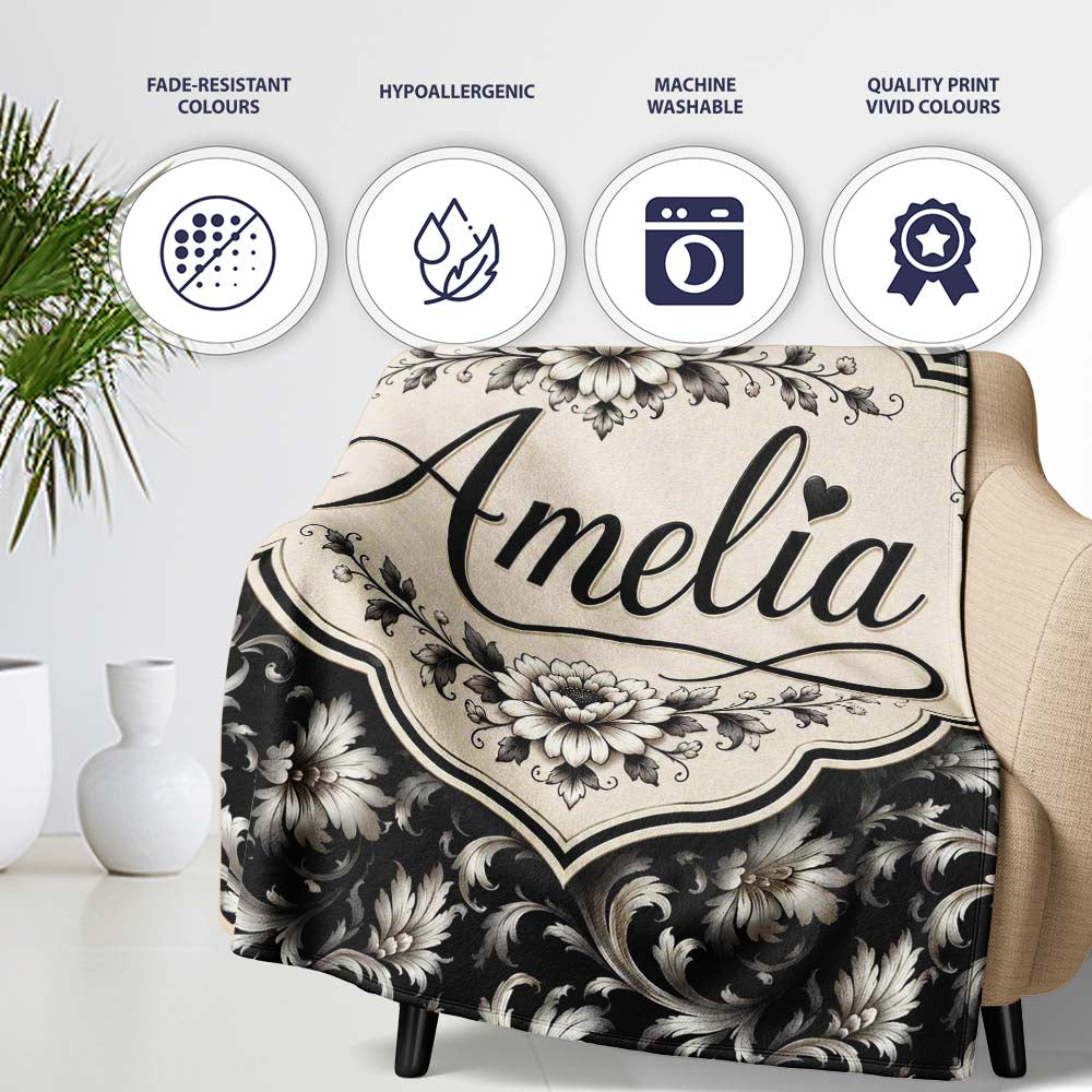 Luxury Black and Silver Floral Baroque Seamless Pattern Lovely  Personalised Custom Name Super Soft Fleece Blanket Bed Sofa Throw