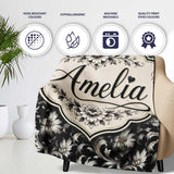 Luxury Black and Silver Floral Baroque Seamless Pattern Lovely  Personalised Custom Name Super Soft Fleece Blanket Bed Sofa Throw