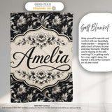 Luxury Black and Silver Floral Baroque Seamless Pattern Lovely  Personalised Custom Name Super Soft Fleece Blanket Bed Sofa Throw