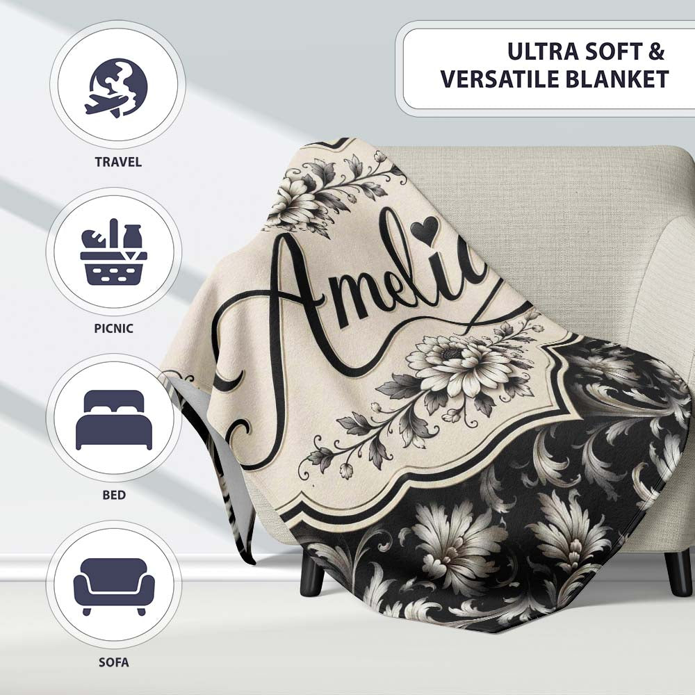 Luxury Black and Silver Floral Baroque Seamless Pattern Lovely  Personalised Custom Name Super Soft Fleece Blanket Bed Sofa Throw