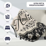 Luxury Black and Silver Floral Baroque Seamless Pattern Lovely  Personalised Custom Name Super Soft Fleece Blanket Bed Sofa Throw